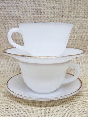 2 Fire King Anniversary Set Tea Cups w Saucers Vintage Swirl Milk Glass Gold Rim